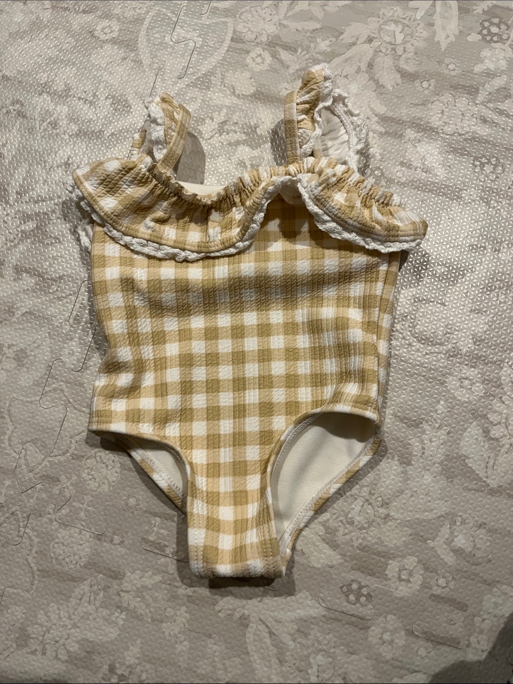 Catherine Malandrino Mustard Gingham Ruffle-Trim One-Piece